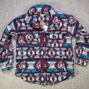 Kori America Aztec Southwestern Shacket Jacket Coat Burgundy Teal Womens M